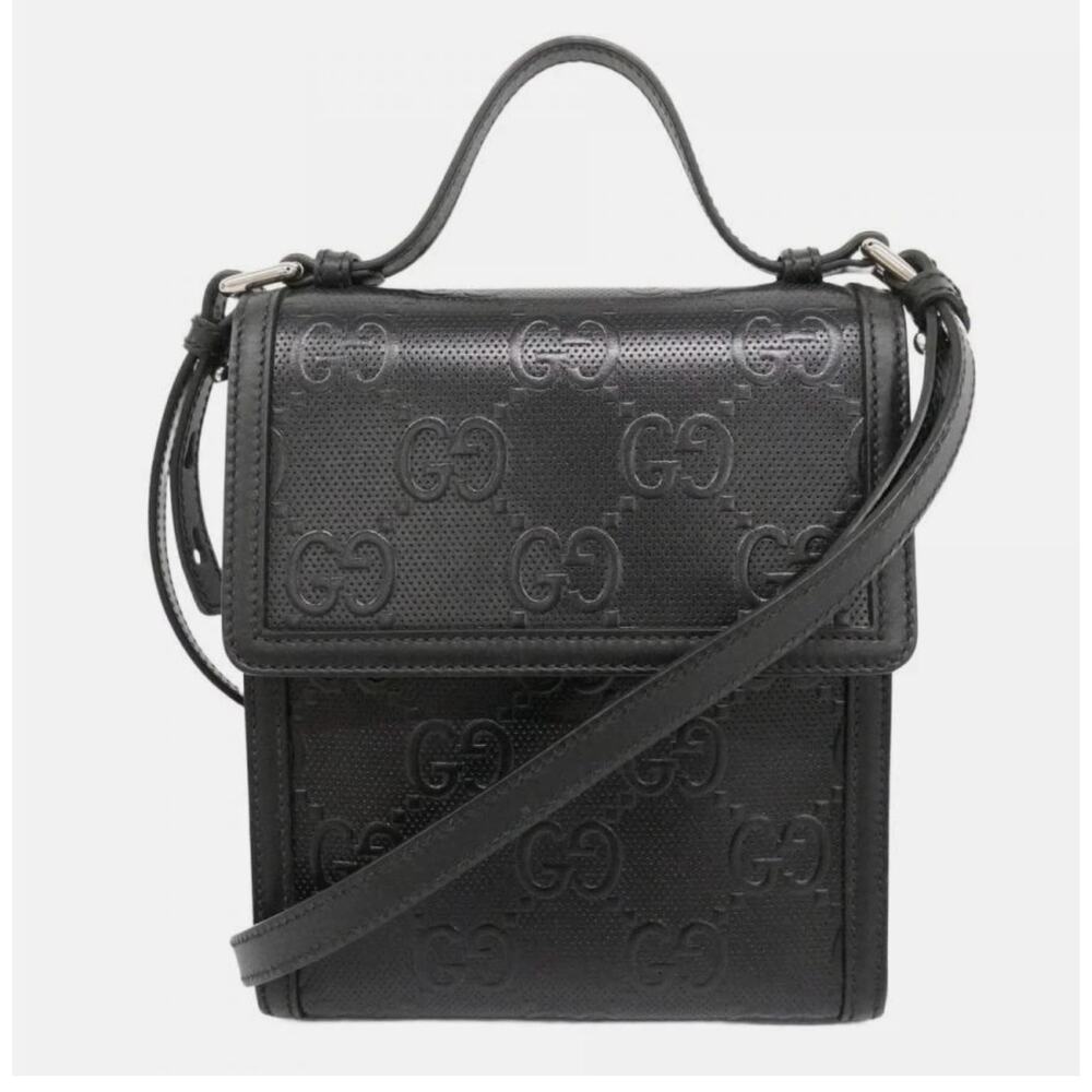 Gucci GG Embossed Shoulder Crossbody Bag Leather Black EUC